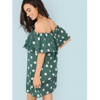 Layered Flounce Foldover Polka Dot Bardot Dress