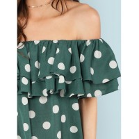 Layered Flounce Foldover Polka Dot Bardot Dress