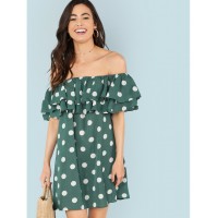Layered Flounce Foldover Polka Dot Bardot Dress