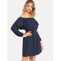 Off Shoulder Ruffle Belted Dress
