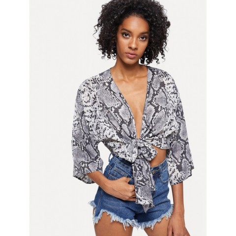 Knot Front Snake Skin Print Kimono