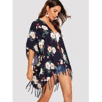 Flower Print Fringe Hem Kimono
