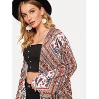 Open Front Fringe Hem Retro Print Kimono