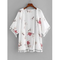 Fringe Trim Florals Kimono